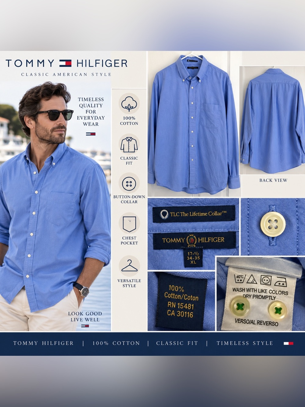 Tommy Hilfiger Men’s XL Blue Button Down Shirt 17.5 34-35 Cotton